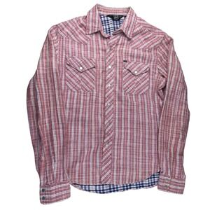 Salt Valley Western Mens Red Striped Pearl Snap Shirt‎ Medium Cotton Long Sleeve